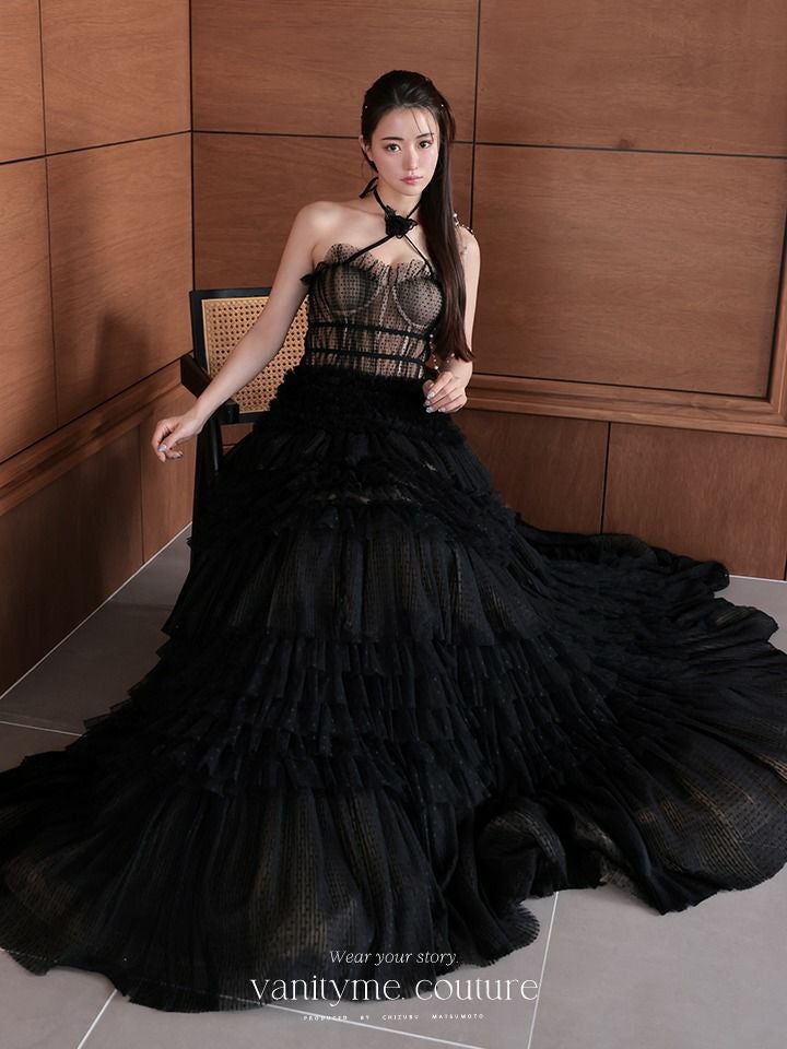 【2点セット】vanityME.couture. バニティミークチュール ドットチュール クロスホルターネック コサージュ付き プリンセス 姫 ロングドレス バースデードレス ブラック vctr-l-a1335