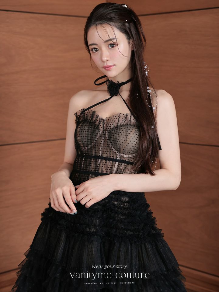 【2点セット】vanityME.couture. バニティミークチュール ドットチュール クロスホルターネック コサージュ付き プリンセス 姫 ロングドレス バースデードレス ブラック vctr-l-a1335