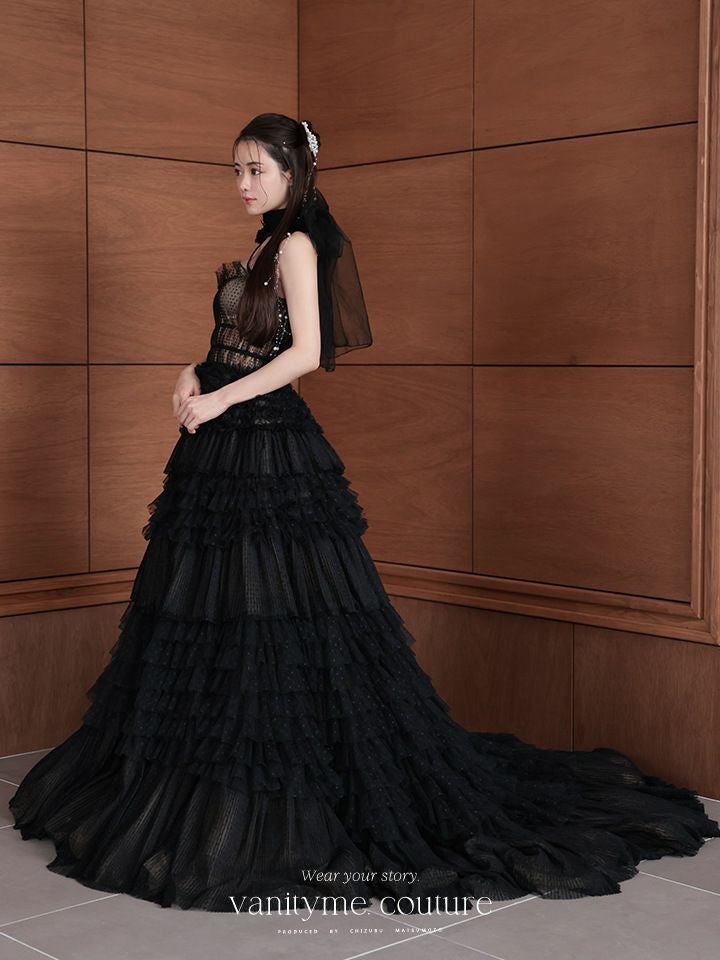 【2点セット】vanityME.couture. バニティミークチュール ドットチュール クロスホルターネック コサージュ付き プリンセス 姫 ロングドレス バースデードレス ブラック vctr-l-a1335