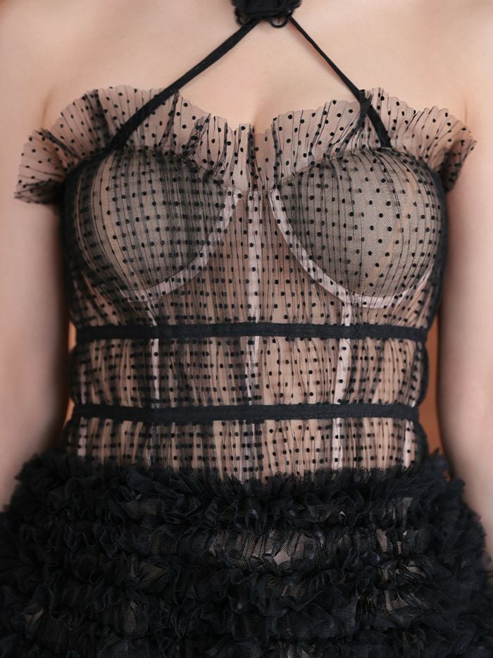 【2点セット】vanityME.couture. バニティミークチュール ドットチュール クロスホルターネック コサージュ付き プリンセス 姫 ロングドレス バースデードレス ブラック vctr-l-a1335