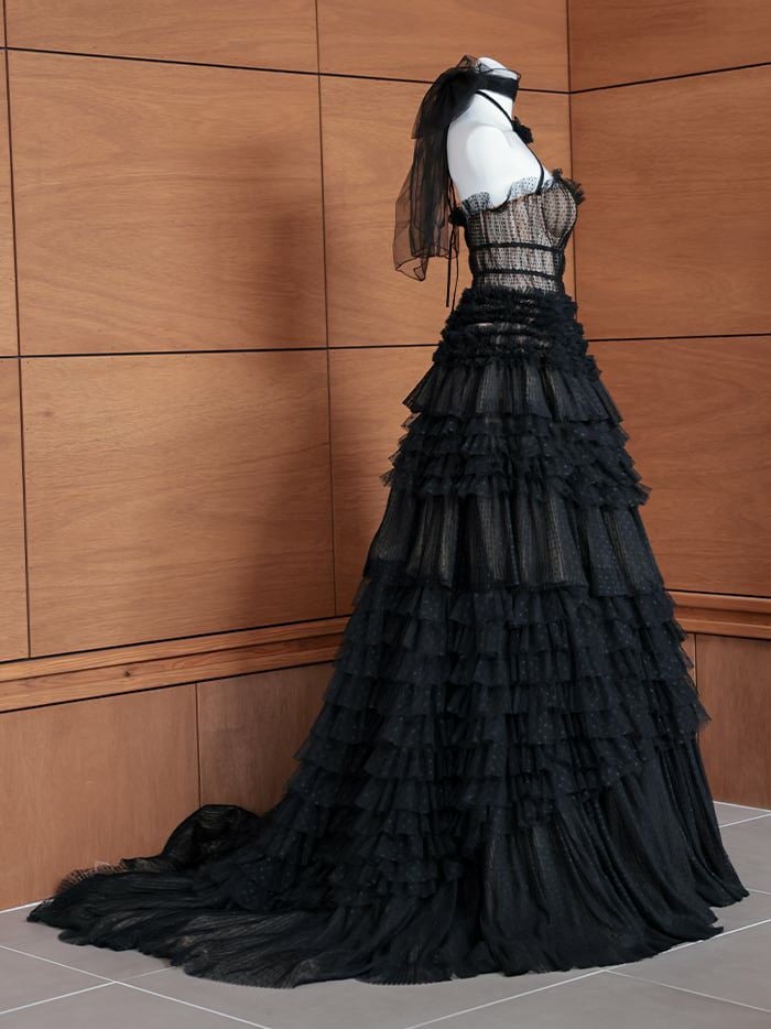 【2点セット】vanityME.couture. バニティミークチュール ドットチュール クロスホルターネック コサージュ付き プリンセス 姫 ロングドレス バースデードレス ブラック vctr-l-a1335