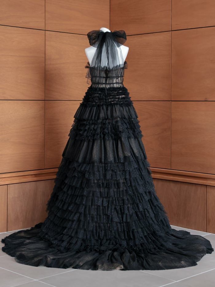 【2点セット】vanityME.couture. バニティミークチュール ドットチュール クロスホルターネック コサージュ付き プリンセス 姫 ロングドレス バースデードレス ブラック vctr-l-a1335