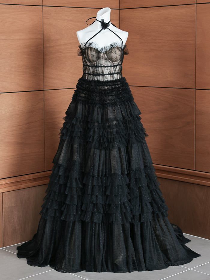 【2点セット】vanityME.couture. バニティミークチュール ドットチュール クロスホルターネック コサージュ付き プリンセス 姫 ロングドレス バースデードレス ブラック vctr-l-a1335