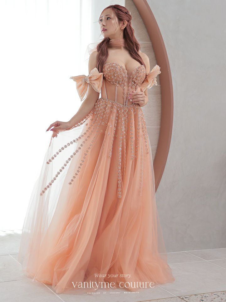 【3点セット】vanityME.couture. バニティミークチュール オフショル ビッグリボン フラワービジュー リボンショール付き プリンセス 姫 ロングドレス バースデードレス ピンク vctr-l-2425-2