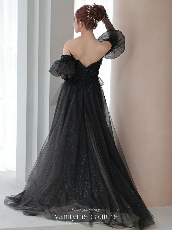 vanityME.couture. バニティミークチュール ロングスリーブ オフショル スパンコール刺繍 スリット入り プリンセス 姫 ロングドレス バースデードレス ブラック 【袖取り外し可能】 vctr-l-2432
