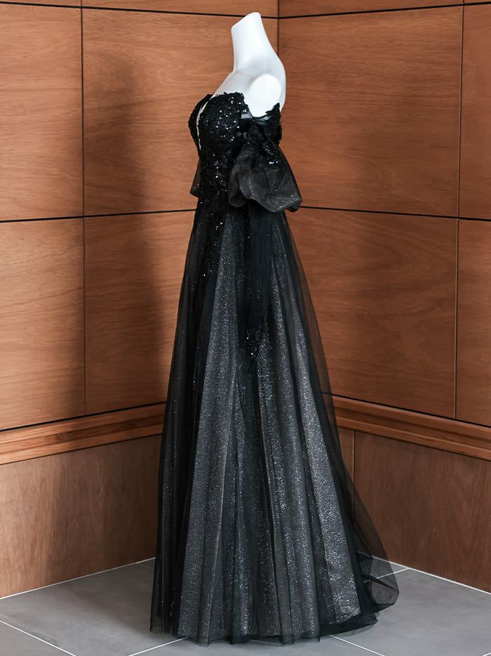 vanityME.couture. バニティミークチュール ロングスリーブ オフショル スパンコール刺繍 スリット入り プリンセス 姫 ロングドレス バースデードレス ブラック 【袖取り外し可能】 vctr-l-2432