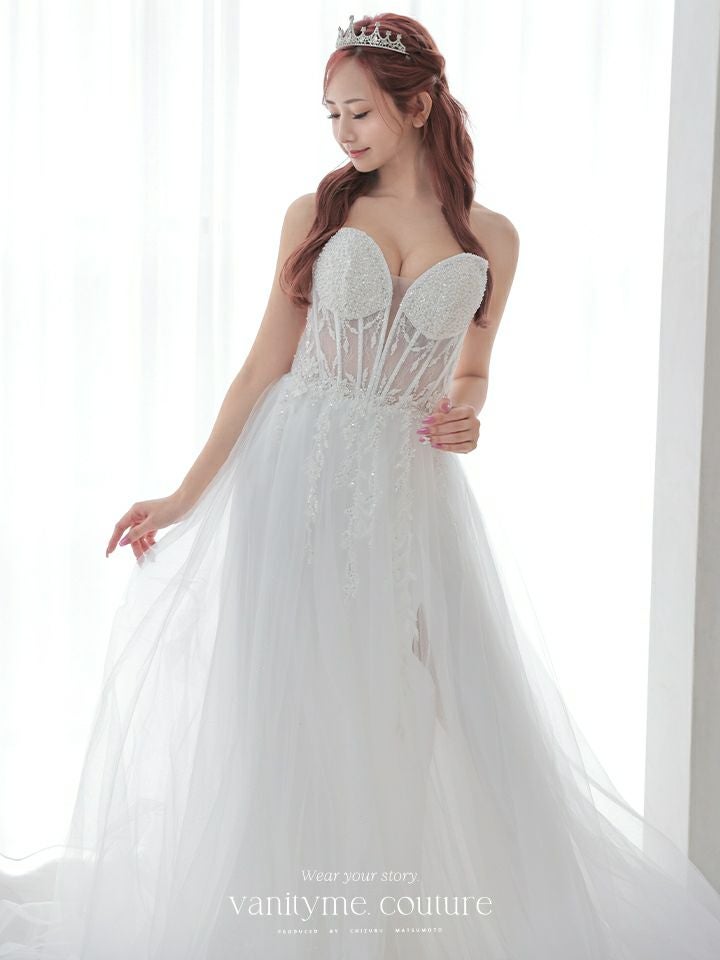 vanityME.couture.バニティミークチュール バストパール 刺繍レース Vカット バースデードレス インポート シンデレラ ロングドレス ホワイト vctr-l-2431-1