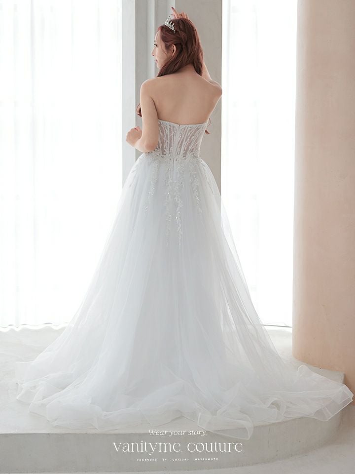 vanityME.couture.バニティミークチュール バストパール 刺繍レース Vカット バースデードレス インポート シンデレラ ロングドレス ホワイト vctr-l-2431-1