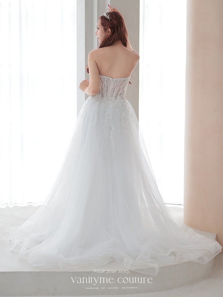 vanityME.couture.バニティミークチュール バストパール 刺繍レース Vカット バースデードレス インポート シンデレラ ロングドレス ホワイト vctr-l-2431-1