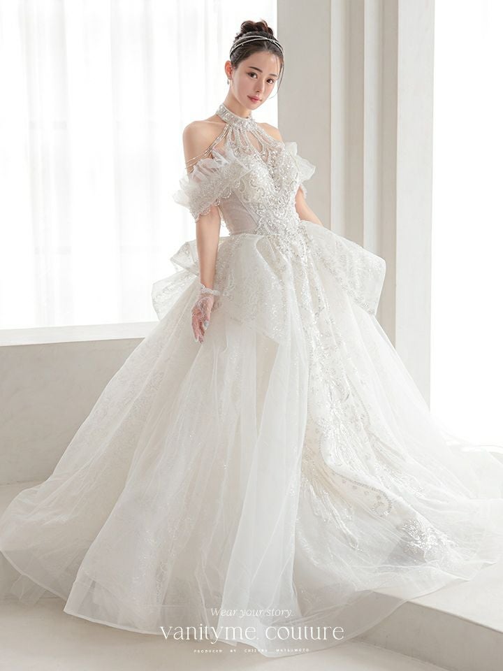 vanityME.couture. バニティミークチュール オフショル ホルターネック シアービジュー チュールスリーブ プリンセス 姫 ウエディングドレス ロングドレス ホワイト 【袖取り外し可能】 vctr-t-2419