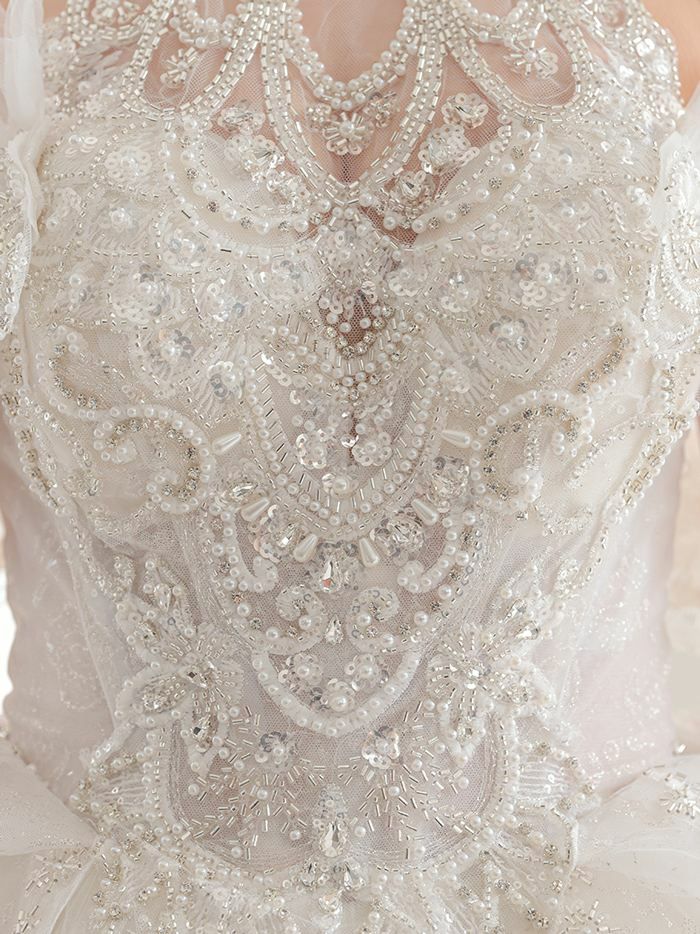 vanityME.couture. バニティミークチュール オフショル ホルターネック シアービジュー チュールスリーブ プリンセス 姫 ウエディングドレス ロングドレス ホワイト 【袖取り外し可能】 vctr-t-2419