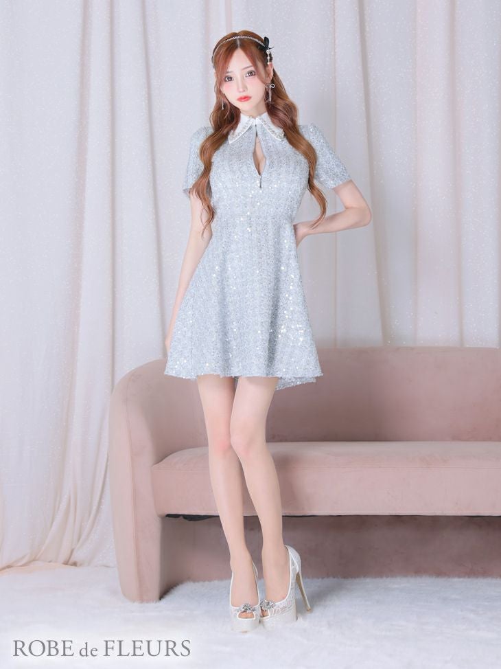 ROBE de FLEURS ローブドフルール 襟付きジップツイードフレアミニ