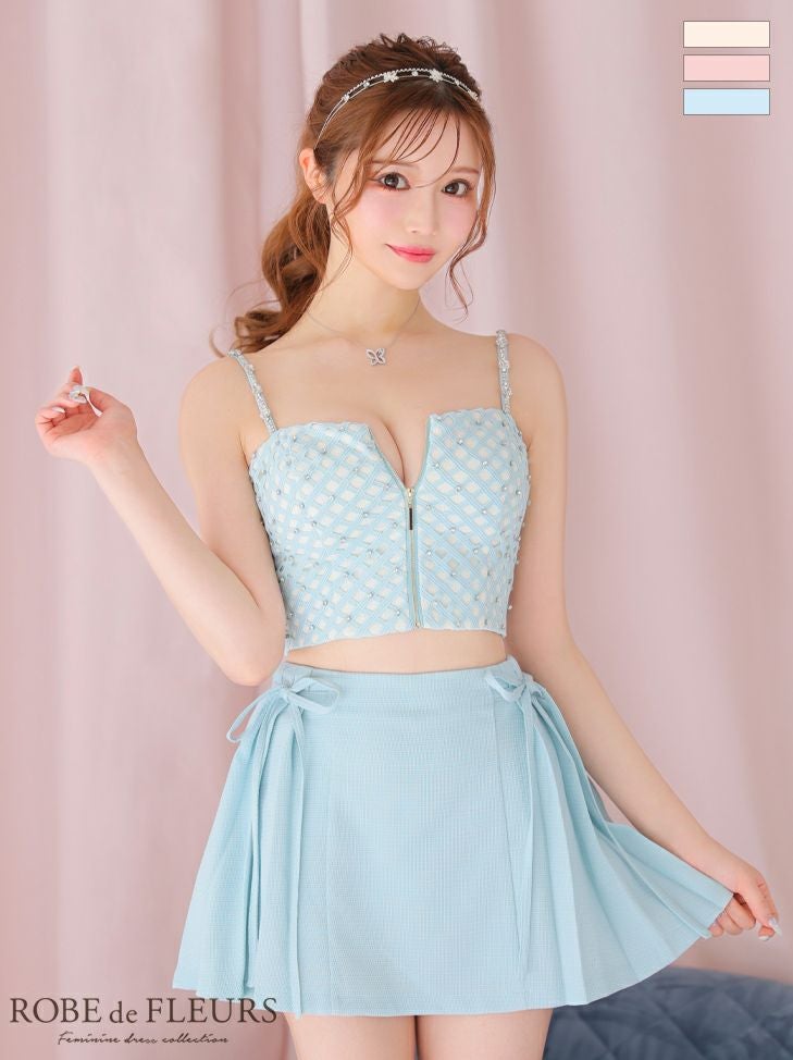 ROBE de FLEURS ローブドフルール ブルー チェックビジューサイド