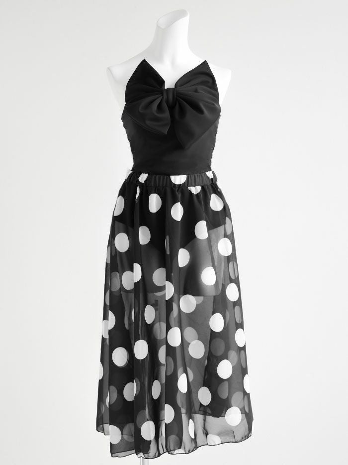 【2点セット】水着 ドット スカート付き ビッグリボン ベアトップ ワンピース ブラック vsw-s2462