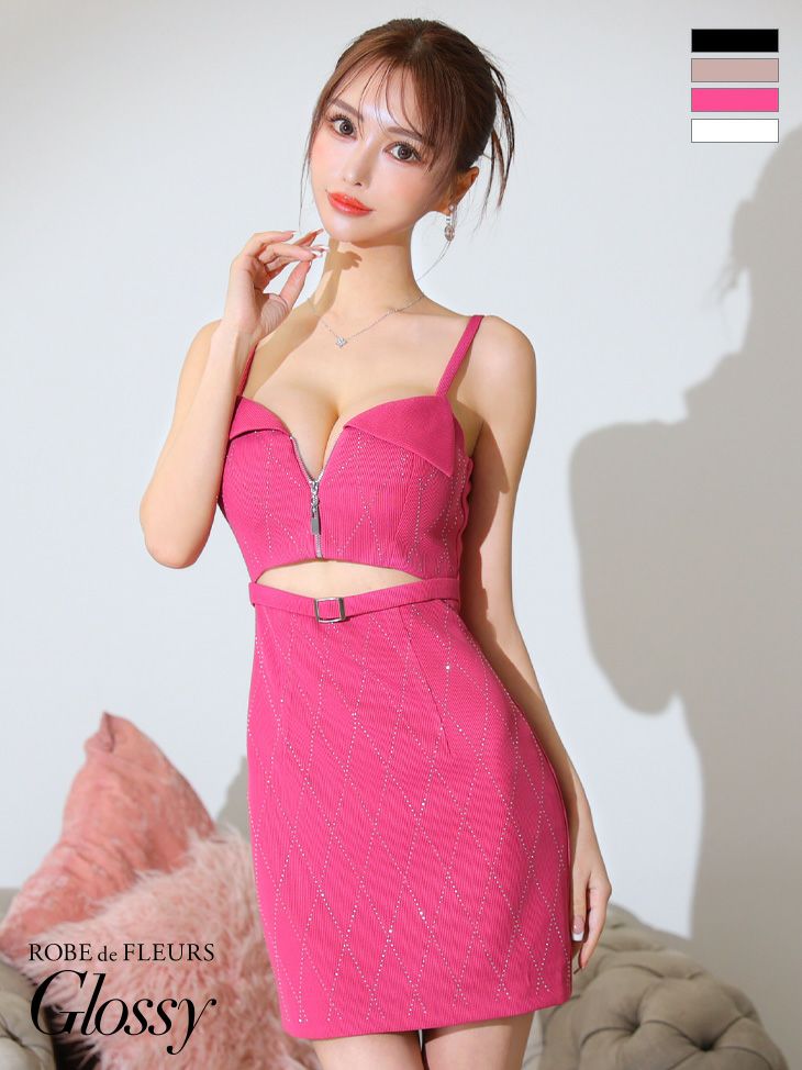 リブニットウエストカットキャミタイトミニドレス XS レッド 赤 glossy Glossy ローブドフルールグロッシー ウエストカットストーンリブニット