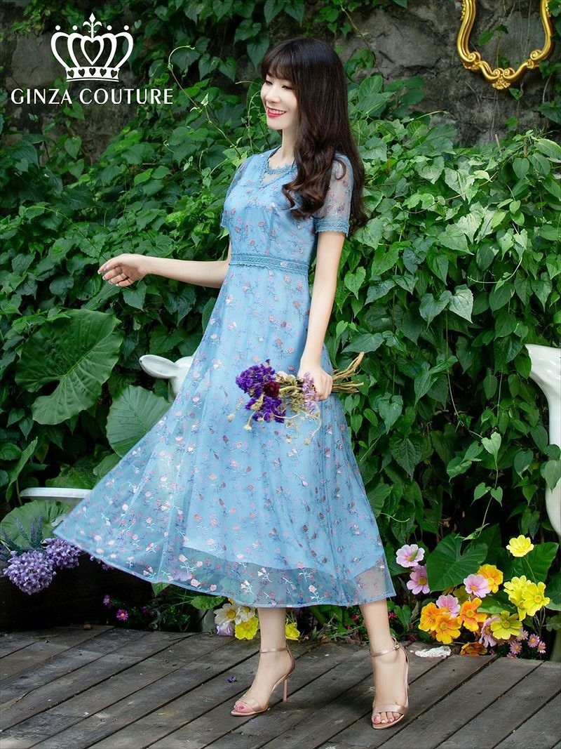 ERUKEI エルケイ ブルー 花柄・半袖・チュール・Aライン・ミディアム