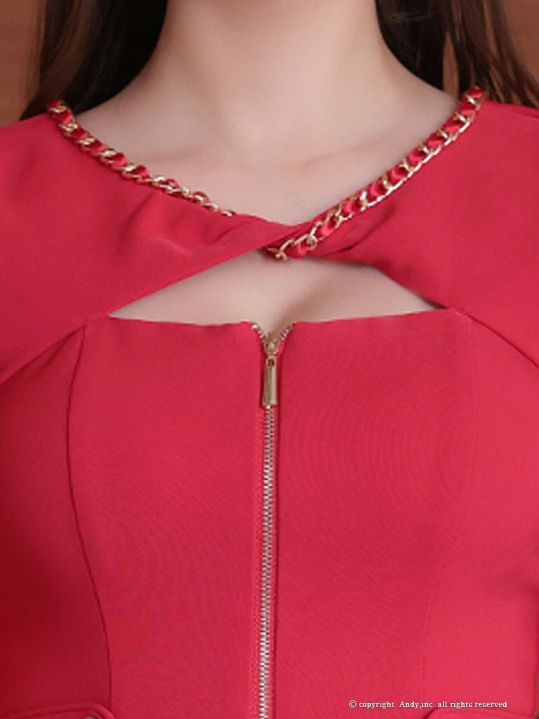 Andy アンディ レッド バストカット チェーンデザイン フロントジップ アシンメトリー ドレープスカート タイト ミニドレス an-on2841-3