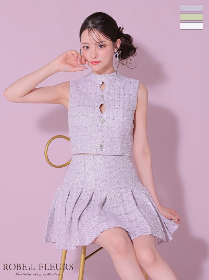 ROBE de FLEURS ローブドフルール ラメツイードビジューボタン
