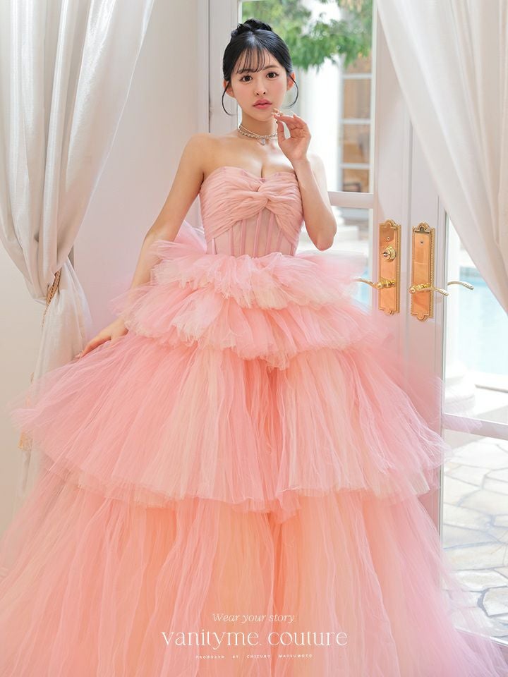 vanityME.couture. バニティミークチュール 4段チュールスカート リボンショール付き パステルカラー プリンセス 姫 ロングドレス ピンク vctr-t-2458