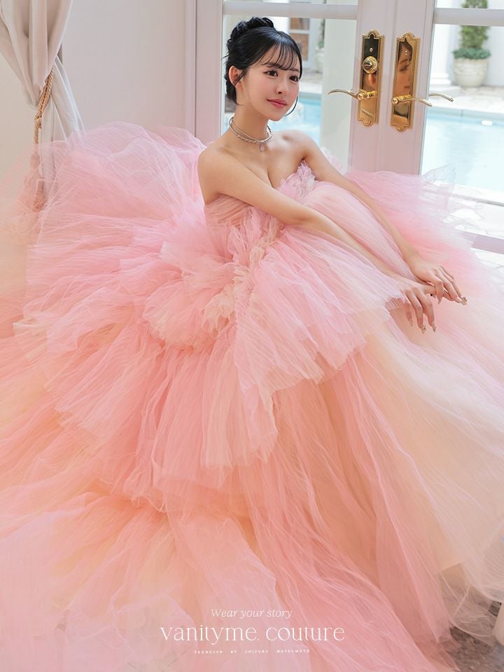 vanityME.couture. バニティミークチュール 4段チュールスカート リボンショール付き パステルカラー プリンセス 姫 ロングドレス ピンク vctr-t-2458