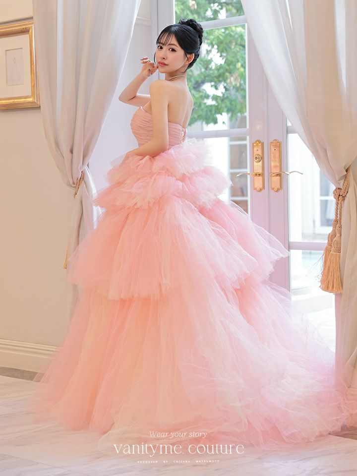 vanityME.couture. バニティミークチュール 4段チュールスカート リボンショール付き パステルカラー プリンセス 姫 ロングドレス ピンク vctr-t-2458