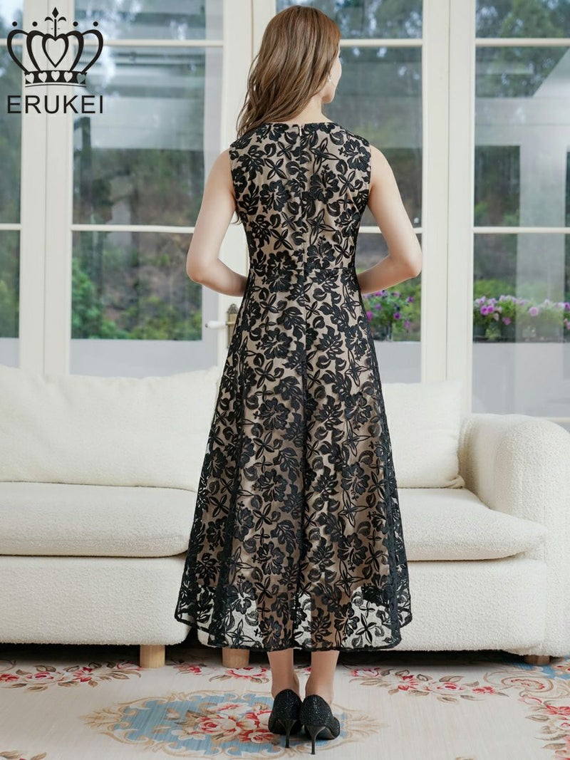 ERUKEI エルケイ ブラック ノースリーブ・花柄・ハイビスカス・レース・刺繍・Vネック テールカット・Aライン・ミディアムドレス・ワンピース ek-e24022-2