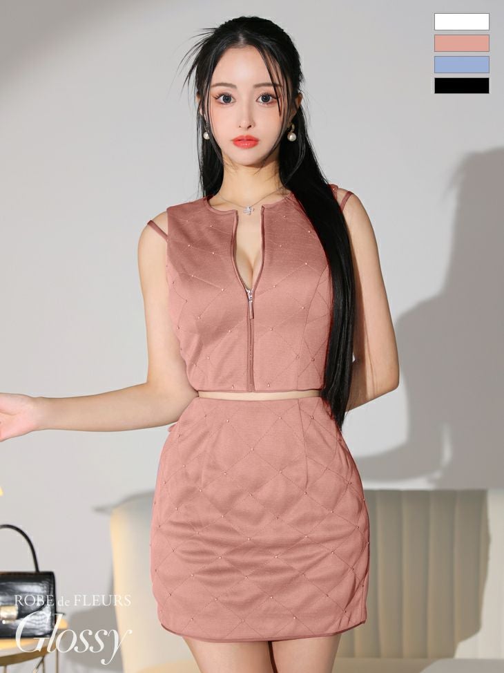 Glossy ピンクベージュセットアップ Glossy ローブドフルールグロッシー ピンク ノースリーブシンプル