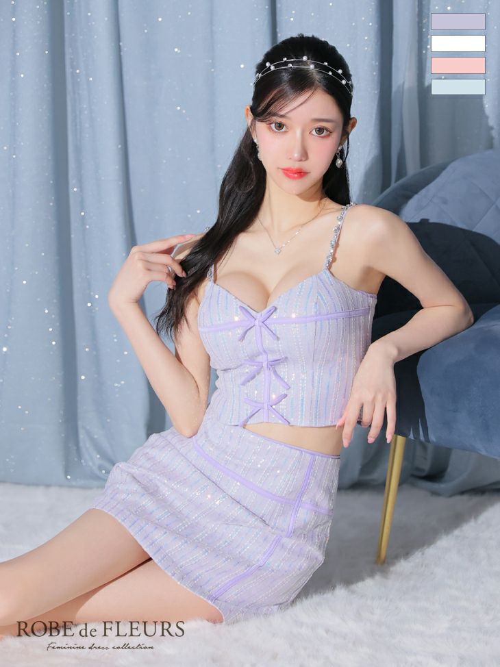 ROBE de FLEURS ローブドフルール トリプルミニリボンスパンコールセットアップキャバドレス fm3543
