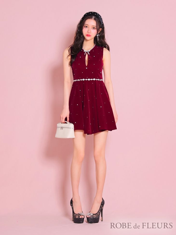 ROBE de FLEURS ローブドフルール ビジューデザインベルベットフレアミニキャバドレス fm3613-c