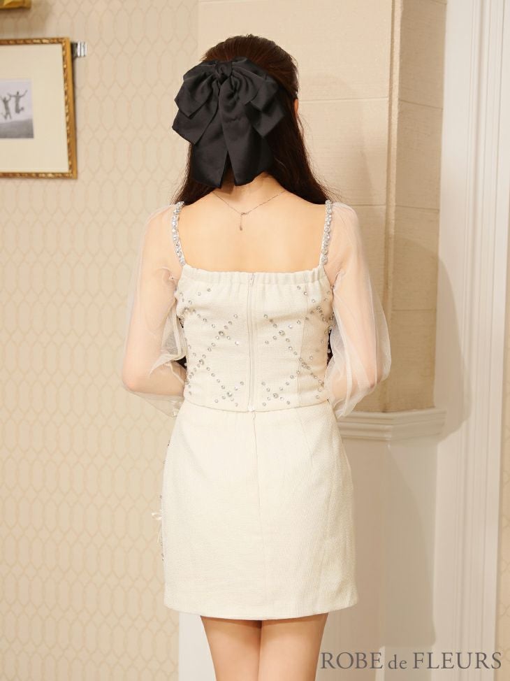 ROBE de FLEURS ローブドフルール 袖チュールランダムリボンセットアップミニキャバドレス fm3764-c