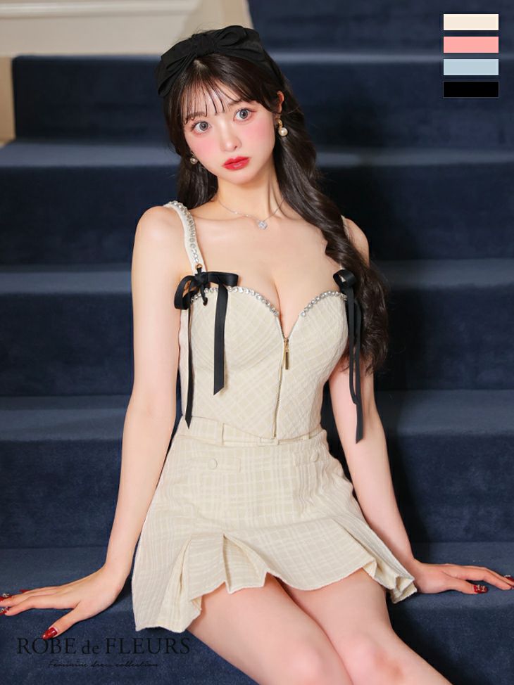 ROBE de FLEURS ローブドフルール ニットツイードリボンビジューミニ