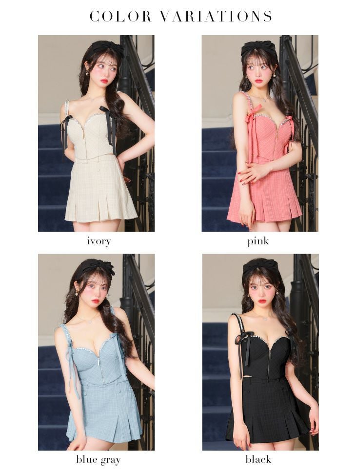 ROBE de FLEURS ローブドフルール スエードリボン×チェックツイードベルトデザインセットアップキャバドレス fm3734-c