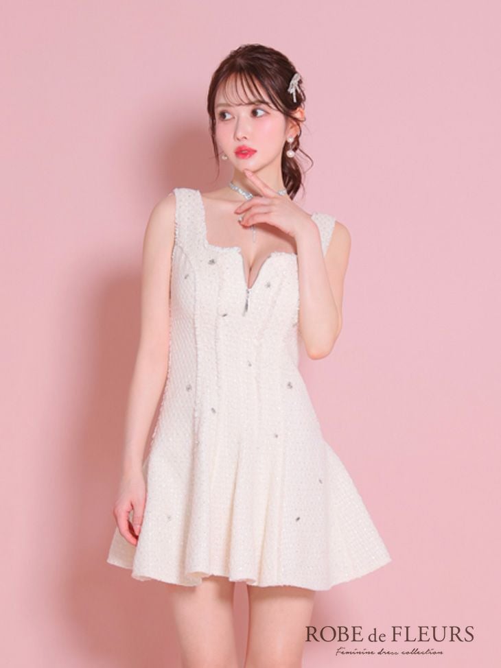 ROBE de FLEURS ローブドフルール シンプルツイードバストジッパーミニ