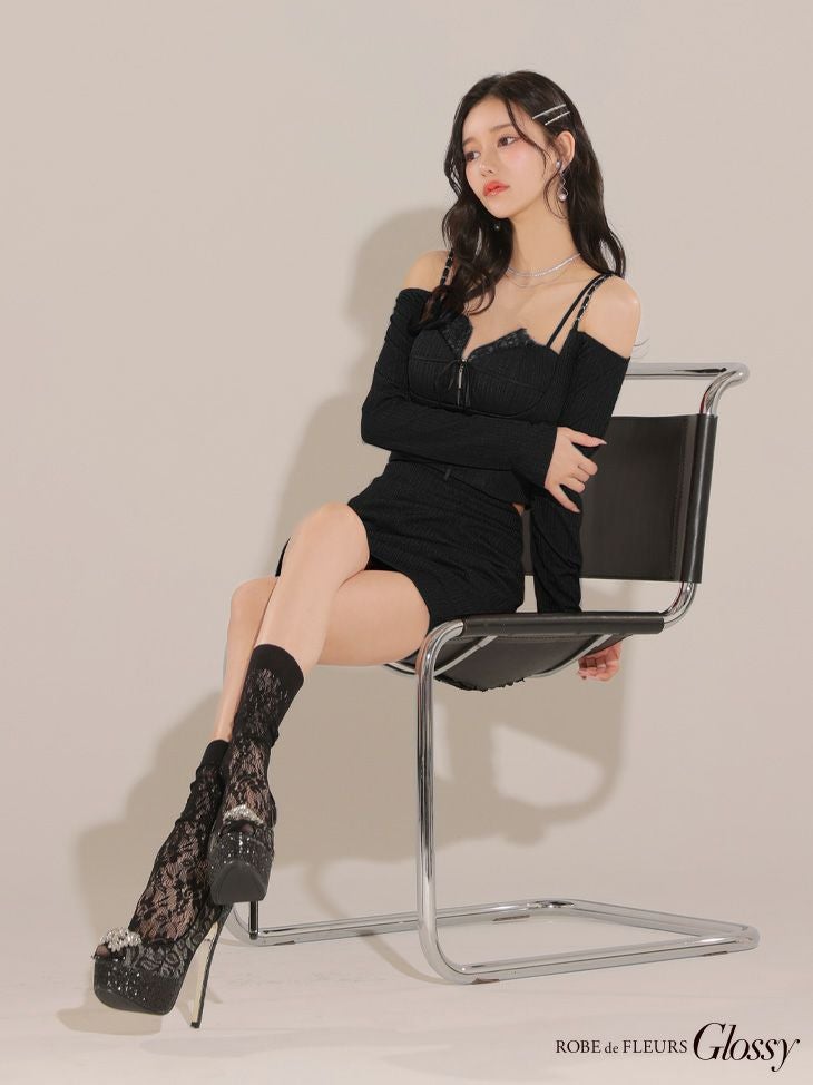 Glossy ローブドフルールグロッシー 長袖×オフショル紐リボンレース