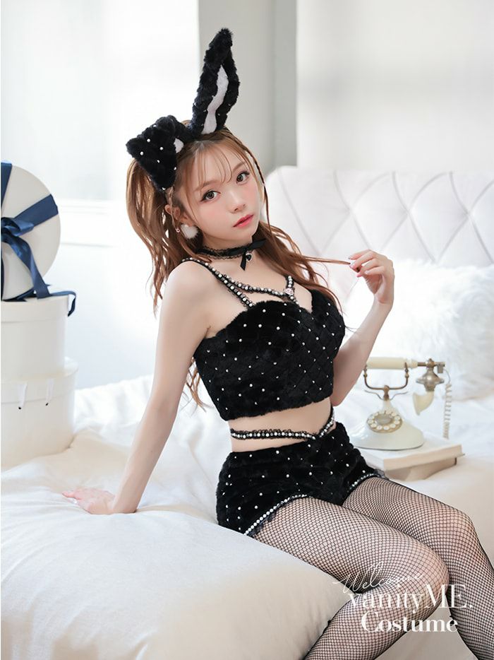 vanityME. バニーガール コスチューム 黒　M 3点セット】C'est mimi fourrure bunny パールビジュー×黒ファー