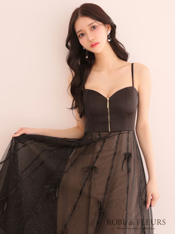 ローブドフルール　センタージップフレアリボンチュールミディキャバドレス ROBE de FLEURS ローブドフルール センタージップフレアリボンチュール