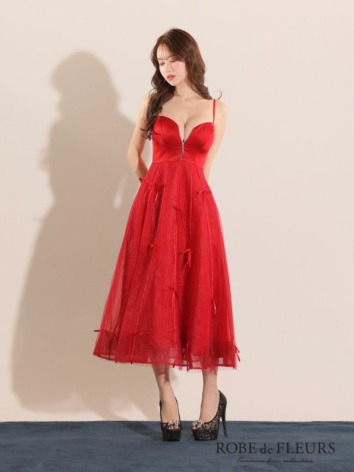 ローブドフルール　センタージップフレアリボンチュールミディキャバドレス ROBE de FLEURS ローブドフルール センタージップフレアリボンチュール