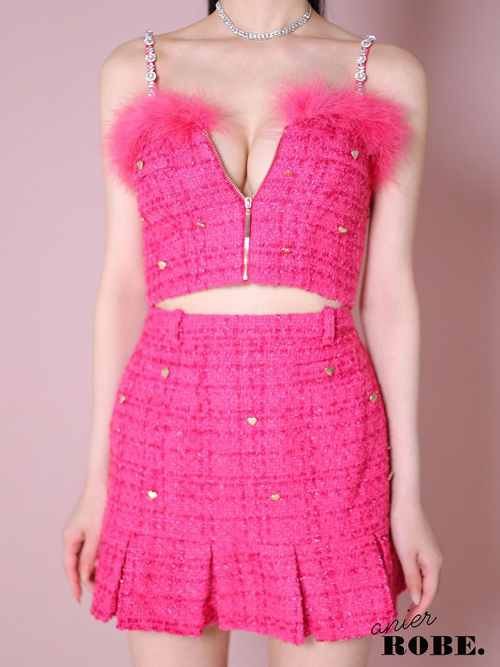 ROBE de FLEURS anier.ROBE ローブドフルール アニエルローブ ピンク Tweed heart studded bunny setup mini dress ツイードハートスタッヅバニ―セットアップミニドレス fm-anier4043