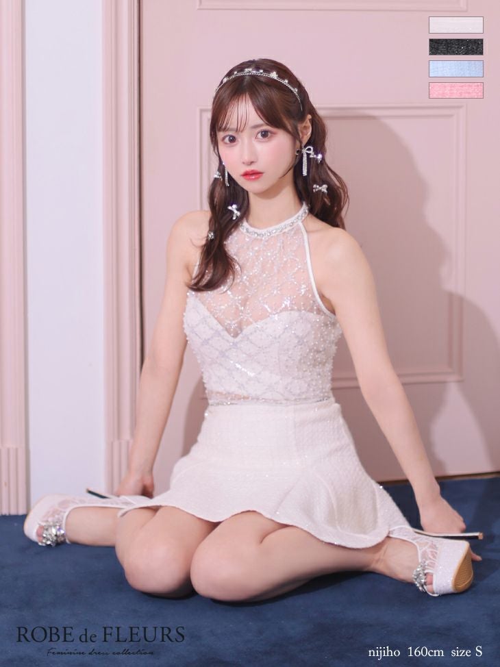 早い者勝ち♡ ローブドフルール スパンコールホルターネックフレア ドレス ROBE de FLEURS ローブドフルール パールスパンコールホルターネック