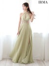IRMA イルマ ホルターネック/バストカット/ウエストビジュー/プリーツ/ロングドレス シャンパンライム ir41723-4-ks