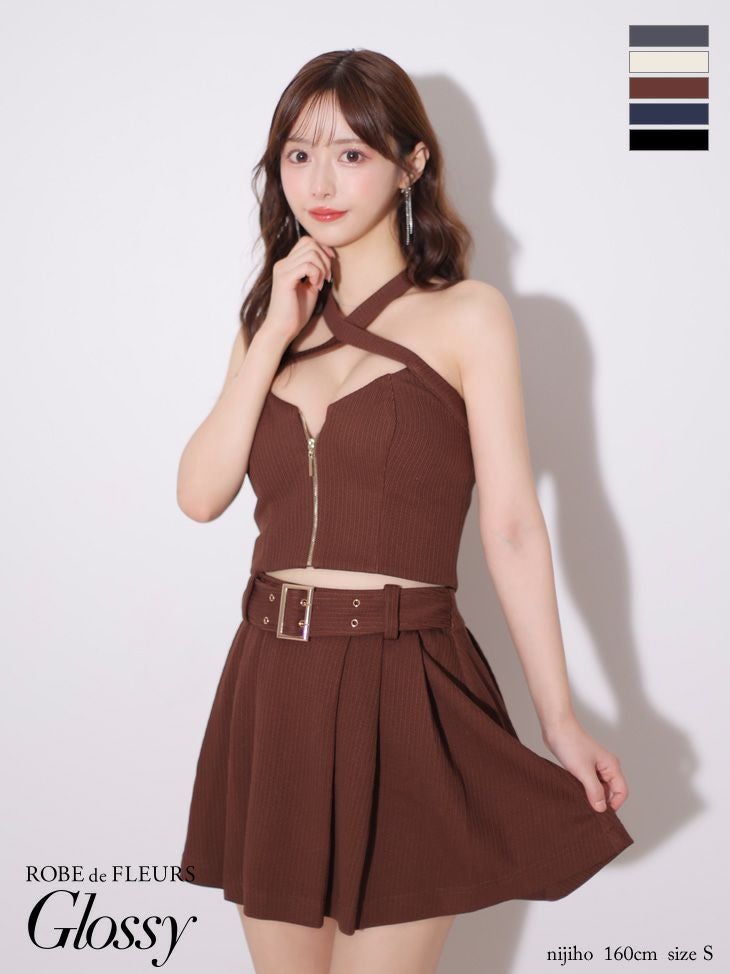 Glossy ローブドフルールグロッシー リブホルターネックバストジップセットアップミニキャバドレス gl3352-c