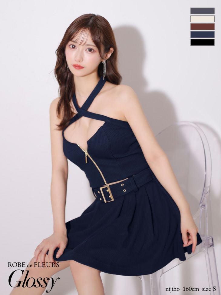 ローブド　キャバドレス　新品　タグ付き Glossy ローブドフルールグロッシー リブホルターネックバストジップ
