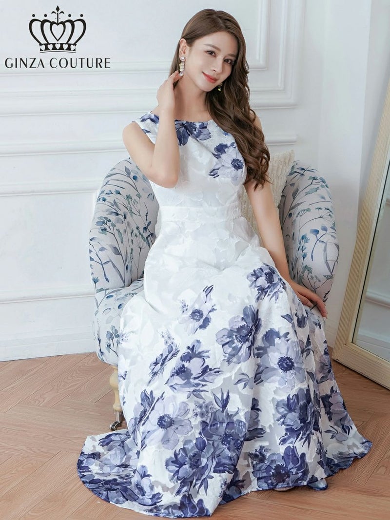 ERUKEI ホワイトxパープル フラワープリント・Aライン・ロングドレス ek-c24015-2