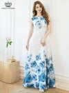 ERUKEI エルケイ ホワイトxブルー フラワープリント・Aライン・ロングドレス ek-c24015-4