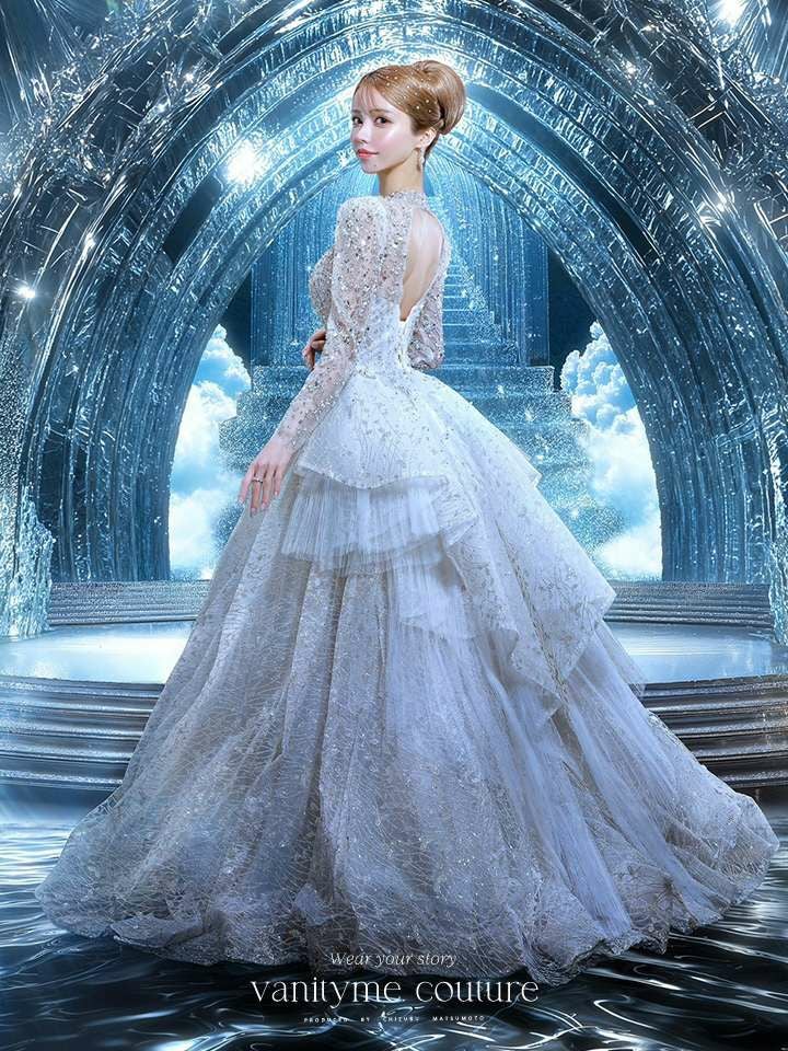 vanityME.couture. バニティミークチュール 一条響ちゃん 着用 Diamond dress ダイヤモンド クリスタルビジュー ロングスリーブ プリンセス 姫 ウエディングドレス ロングドレス ホワイト vctr-t-24104