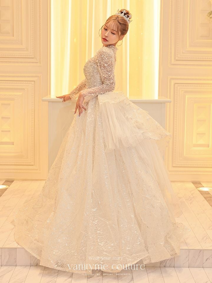 vanityME.couture. バニティミークチュール 一条響ちゃん 着用 Diamond dress ダイヤモンド クリスタルビジュー ロングスリーブ プリンセス 姫 ウエディングドレス ロングドレス ホワイト vctr-t-24104
