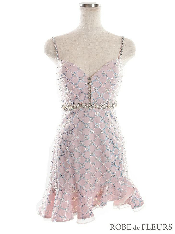 ROBE de FLEURS ローブドフルール ブルー スパンコール付きチュール×アシンメトリーフリルドレス fm2738-2