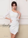 Andy アンディ ホワイト サイドオフショルダー 七分袖 アシンメトリー タイト ミニドレス an-on2897-2