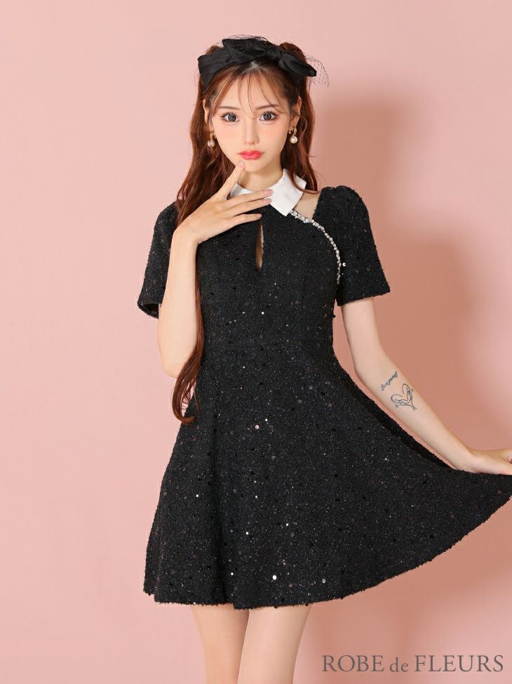 ROBE de FLEURS ローブドフルール 襟つきカットデザインスパンコール