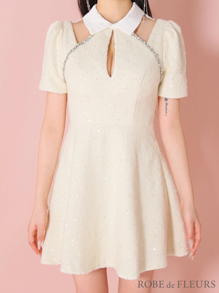 ROBE de FLEURS ローブドフルール 襟つきカットデザインスパンコールフレアミニキャバドレス fm3354-c